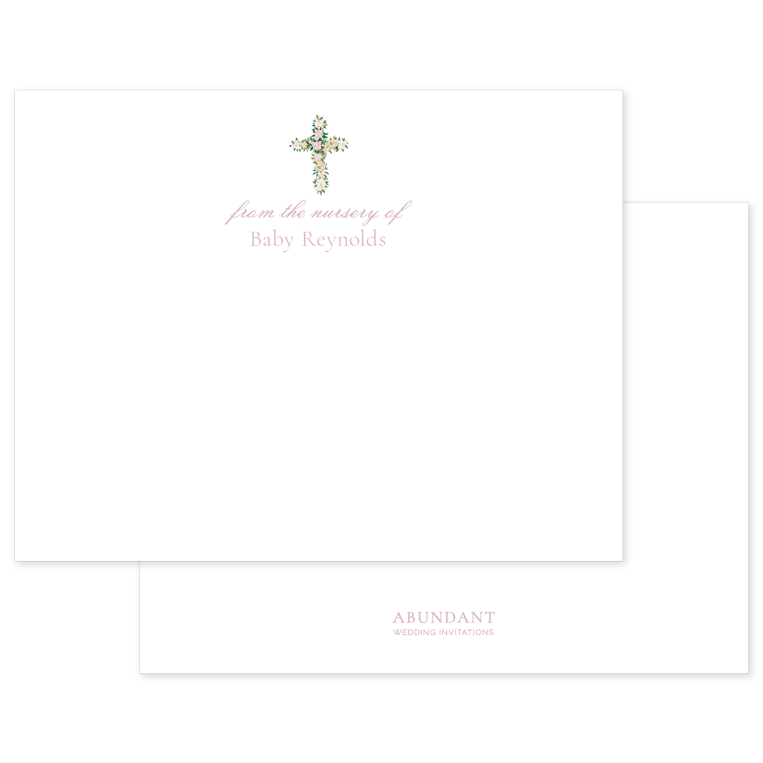 Personalized nursery notecard featuring a delicate watercolor cross design with elegant script, ideal for baby announcements and keepsakes.
