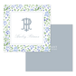 Square calling card featuring a delicate watercolor floral border in soft blue and green tones, with elegant monogram and cursive name centered on a white background.