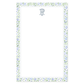 Notepad with a loose watercolor floral border in blue and green with an interlocking monogram on a white background